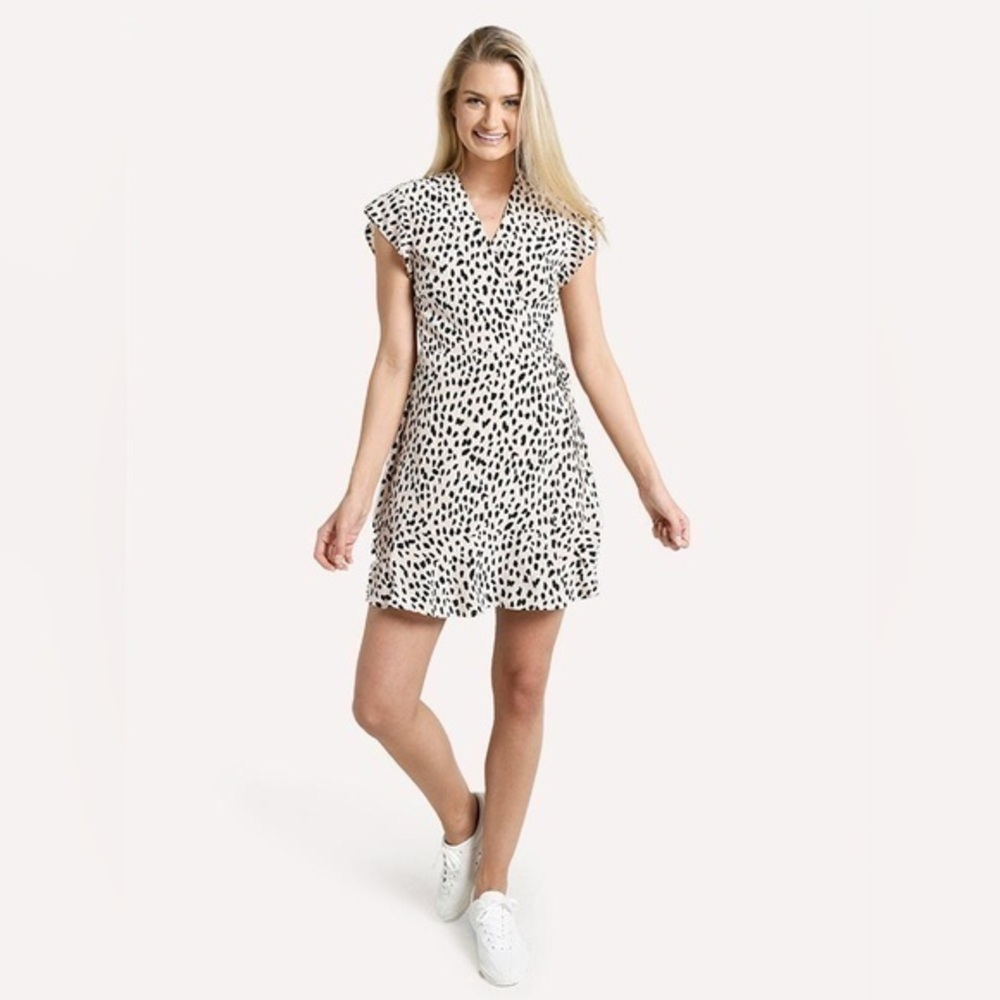 Altar’d State black White Animal Print Faux Wrap Ruffled mini Dress Size small